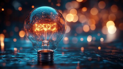 Glowing light bulb with warm filament on textured surface, blurred colorful background.