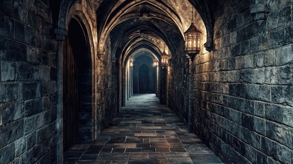 Mysterious stone corridor illuminated by lanterns, featuring gothic arches and shadows, creating an enchanting atmosphere.