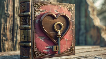 A heart shaped book with lock and key at sunny day