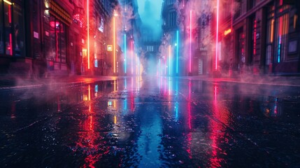 Empty background scene. Dark street reflection on the wet pavement. Rays neon light in the dark, neon figures, smoke. Night view of the street, the city. Abstract dark background. Abstract spotlight. 