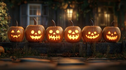 Obraz premium Group of carved Halloween pumpkins with glowing faces on a porch.