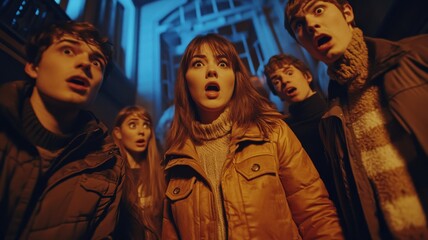 Group of friends expressing shock in dimly lit, mysterious environment.