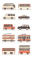 A set of 8 different types of public transportation vehicles, including buses, cars, and trams, in a minimalist flat design style.