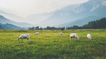 Obraz premium Serene landscape with grazing cows, mountains in the background, and lush green grass, capturing nature's tranquility.