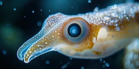 Photo of a squid with water droplets is appropriate for themes involving marine life.