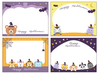 Happy halloween cards animal cute kawaii illustration memo note greeting wishes set ornament frame decorative witch hat kids