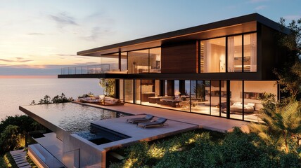 Fototapeta premium Sleek modern villa with floor-to-ceiling windows overlooking tranquil ocean at sunset, featuring stylish outdoor lounge area.