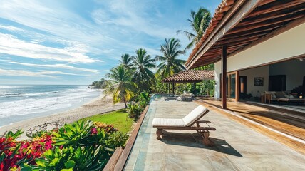 Obraz premium Stunning beachfront villa with palm trees and ocean view, perfect for relaxation and luxury living by the sea.