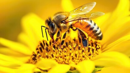 A close-up of a honeybee collecting pollen from a bright yellow sunflower in a summer garden