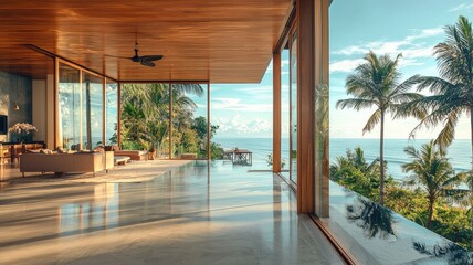 Fototapeta premium Stunning modern interior with panoramic ocean view and tropical landscape, showcasing elegance and tranquility in design.