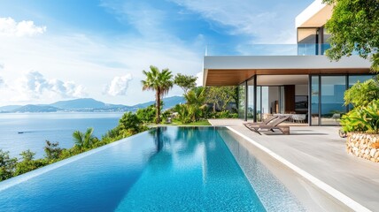 Fototapeta premium Stunning modern villa with infinity pool overlooking a serene coastal landscape, perfect for luxury lifestyle themes.