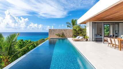 Fototapeta premium Stunning modern villa with infinity pool, overlooking the ocean and surrounded by tropical greenery under a bright blue sky.