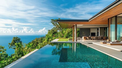Obraz premium Stunning modern villa with infinity pool overlooking serene ocean and lush greenery, perfect for luxury relaxation and vacation.
