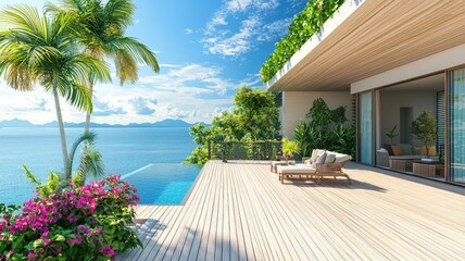 Fototapeta premium Stunning outdoor space with pool and ocean view, surrounded by tropical plants. Perfect for relaxation and vacation vibes.