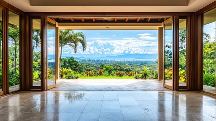 Stunning view from a modern interior space showcasing lush greenery and mountains under a bright sky.