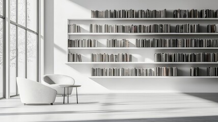Stylish minimalist interior featuring a cozy chair and extensive bookshelf, perfect for reading and relaxation.