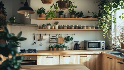 Stylish modern kitchen with wooden cabinets, plants, and natural light creating a cozy and inviting atmosphere.