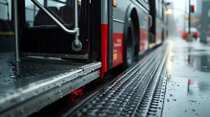 Zoomed in view of a bus side step and grip handle