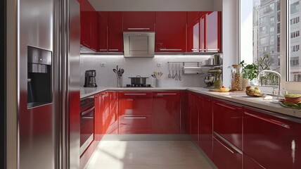 Stylish red kitchen interior with modern appliances, bright windows, and organized culinary tools...