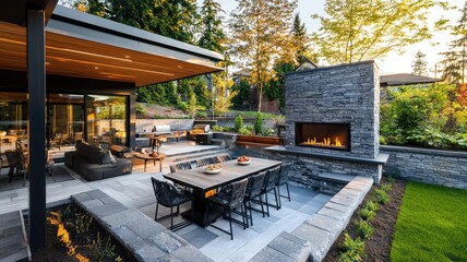 Stylish outdoor patio featuring a modern fireplace, dining set, and lush greenery, perfect for gatherings and relaxation.