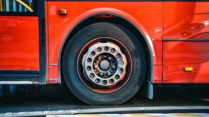 Zoomed in view of a bus wheel rim and valve stem