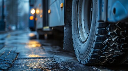 Zoomed in view of a bus wheel and tire tread pattern