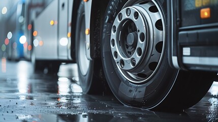 Zoomed in view of a bus wheel rim and valve stem