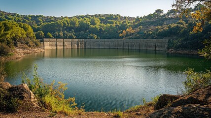 Fototapeta premium Tranquil lake surrounded by lush greenery, capturing the beauty of nature and serene reflections on calm water.