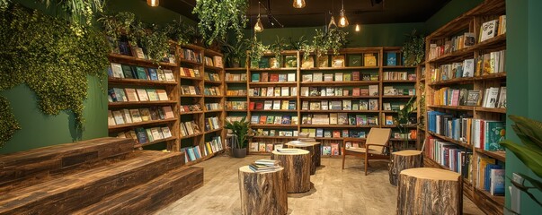 A green-themed bookstore with a caf?(C), offering books on sustainability, seated areas made from reclaimed wood, and organic coffee