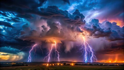 Fototapeta premium Panoramic stormy night sky with lightning bolts and dark clouds