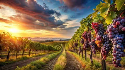 Peel and stick wall murals Panoramic sunset vineyard scene with ripe grapes