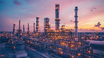 Fototapeta premium overhead shot of an oil refinery at dusk, its steel structures and towering chimneys glowing against the backdrop of a darkening sky