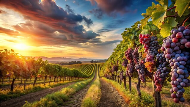 Panoramic sunset vineyard scene with ripe grapes