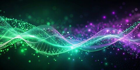 Fototapeta premium A shimmering wave of digital stardust, a vibrant blend of green and purple, dances across the black void.
