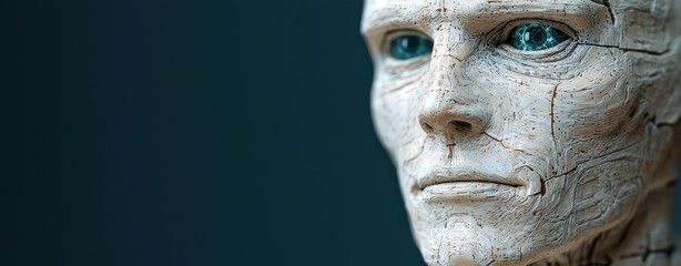 Closeup of an intricately detailed humanoid robot head with realistic features and expressive blue eyes, showcasing advanced robotics and technology.