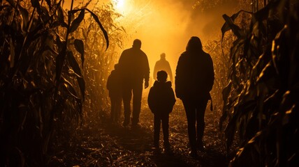 Silhouetted figures walking through a cornfield at night.