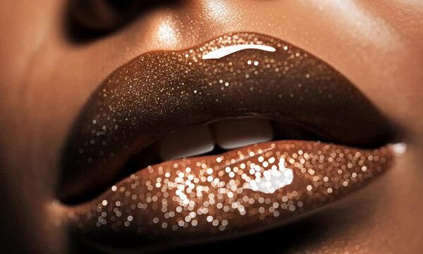 Close-up of glossy lips covered in sparkling glitter in mocha mousse color, showing fine detail with light reflecting off the lips, creating a glamorous and fashionable look