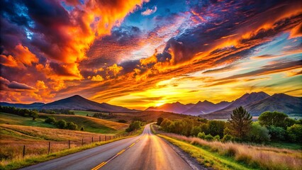 Naklejka premium A winding road leads towards a fiery sunset over rolling hills and distant peaks
