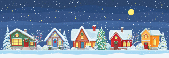 Winter town landscape. Vector Christmas night countryside scene with decorated snowy cottages and frosted trees under full moon and falling snowflakes, create tranquil serene, magical holiday ambiance