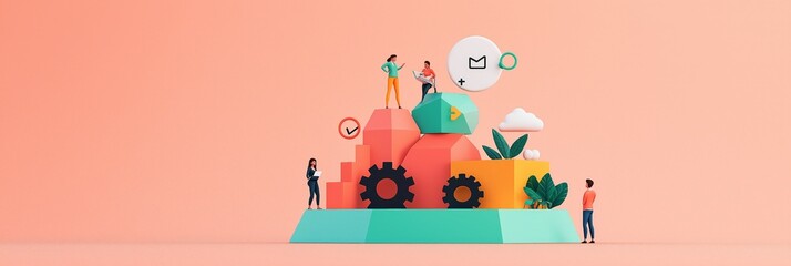 Fototapeta premium Colorful 3D illustration of teamwork and innovation in a digital workspace.
