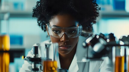 Close-up of a female scientist in a lab coat looking intently at a microscope