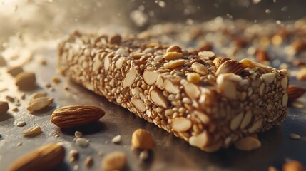 A close-up view of a nut and seed bar, featuring almonds and sesame seeds, with light reflecting off the textured surface.