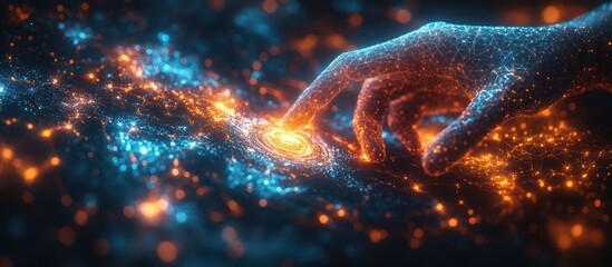 A glowing, digital hand reaches out to touch a swirling orb of l