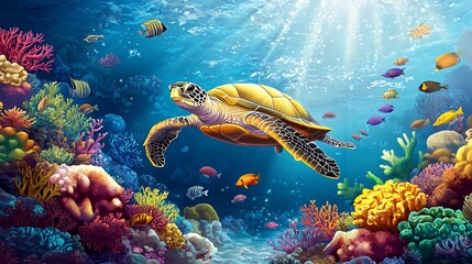 Fototapeta premium A sea turtle swims through a vibrant coral reef with colorful fish and a sunbeam shining through the water.