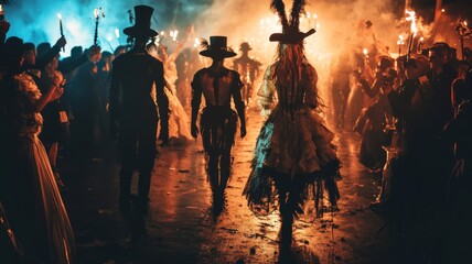 Costumed Figures Walking Through Smoke and Fire