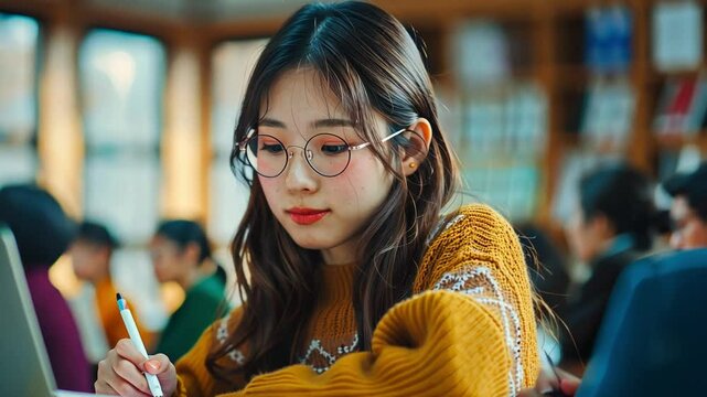 A focused student with round glasses in a warm sweater diligently studies in a lively library. Sunlight filters through windows, creating a bright atmosphere.