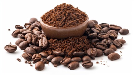 Fototapeta premium Heap of coffee ground and coffee beans on white background
