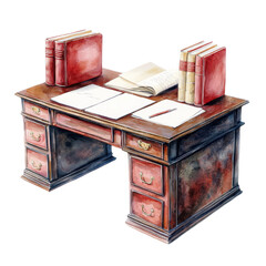 Antique wooden desk with books and papers on a white isolated background.