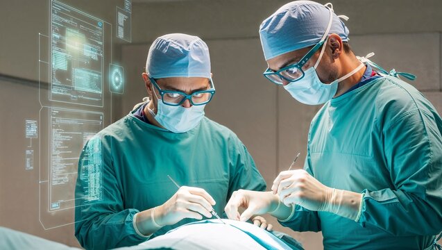 Doctors In Operation Theather Carrying Out Surgical Operation Using Modern Holographic Screen
