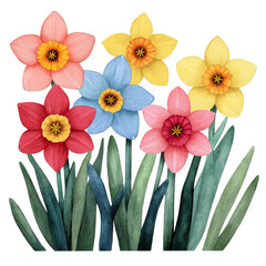 Colorful bouquet of daffodils in various shades, isolated on white background.